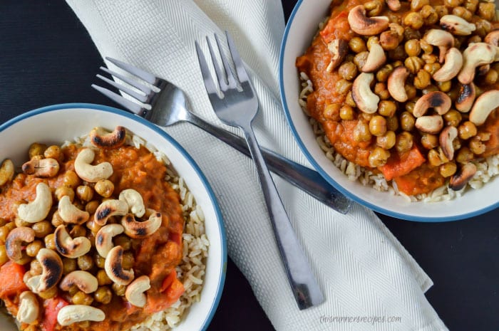 Enjoy pumpkin in a savory and spicy dish with this coconut and pumpkin chickpea curry with roasted cashews and brown basmati rice.