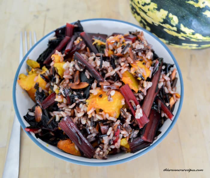 Warm Acorn Squash and Wild Rice Salad with Toasted Almonds, Swiss Chard, and Maple Lemon Dressing