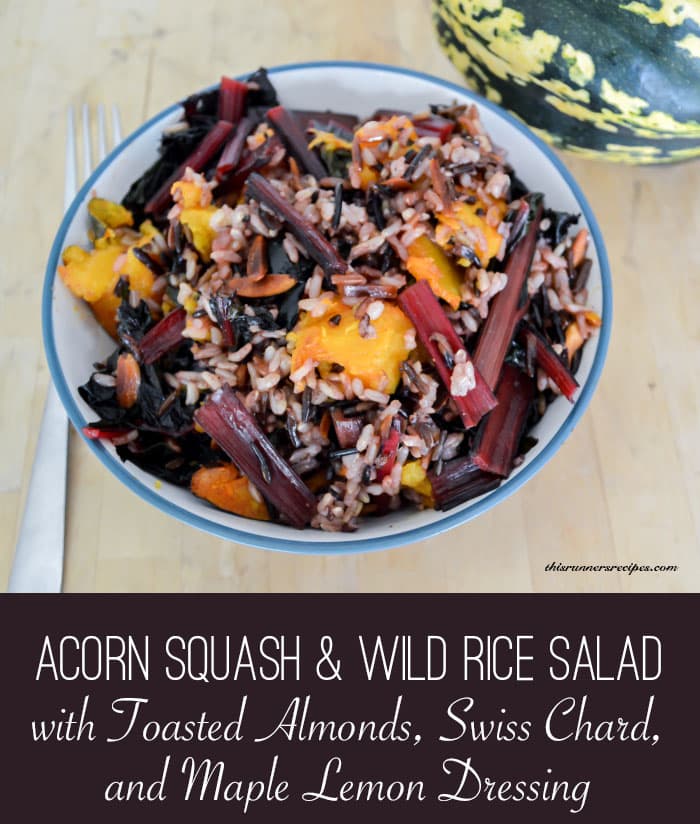  Warm Acorn Squash and Wild Rice Salad with Toasted Almonds, Swiss Chard, and Maple Lemon Dressing