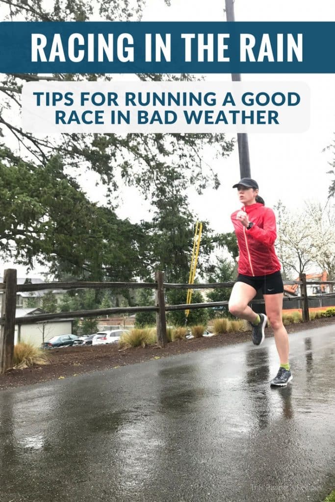 Read the full article for advice on running a marathon in the rain (or any other distance), including what to wear when for a race in the rain.